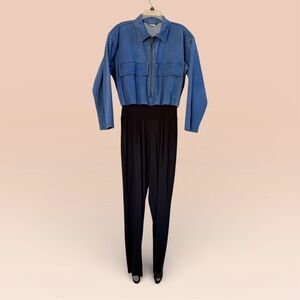 Vintage denim jumpsuit with black leggings